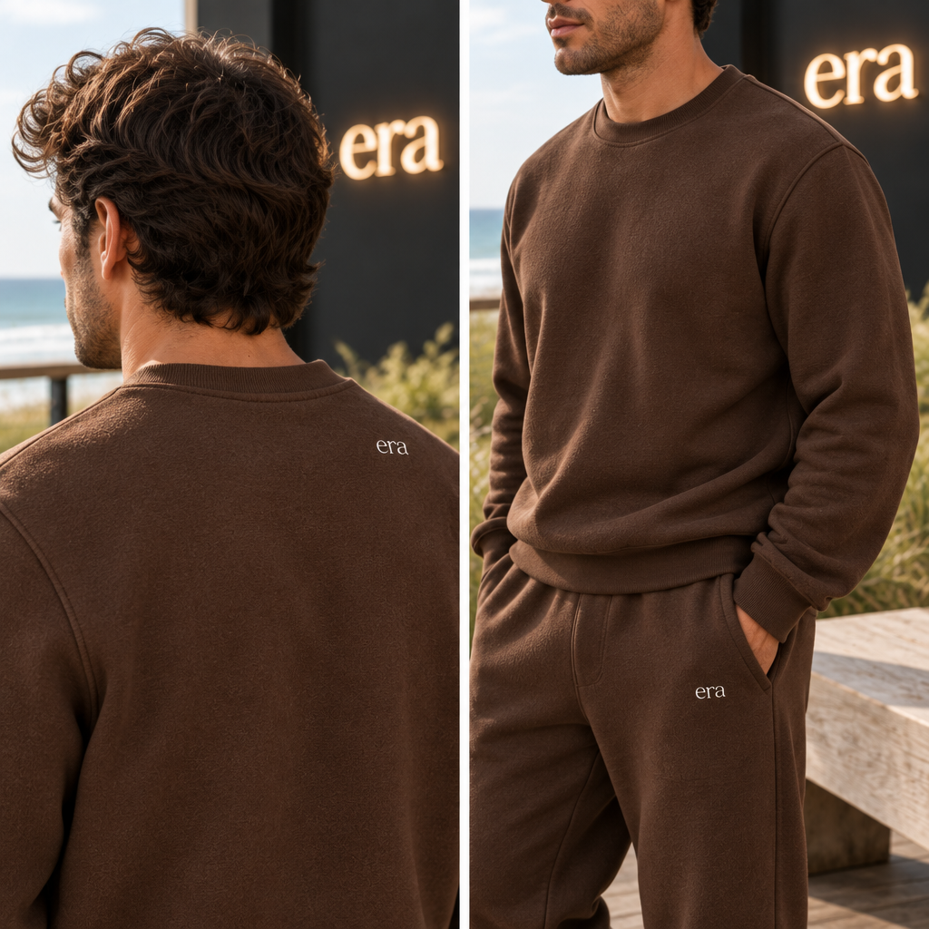 Coffee crewneck and sweatpants showing the era logo on the correct right shoulder and left front thigh