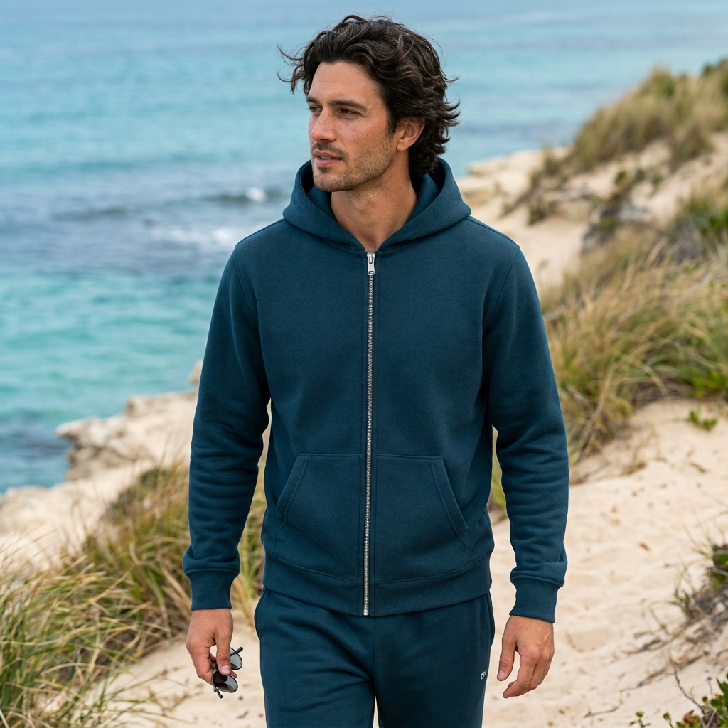 Deep-teal full-zip hoodie with the front-shoulder logo targeted for removal