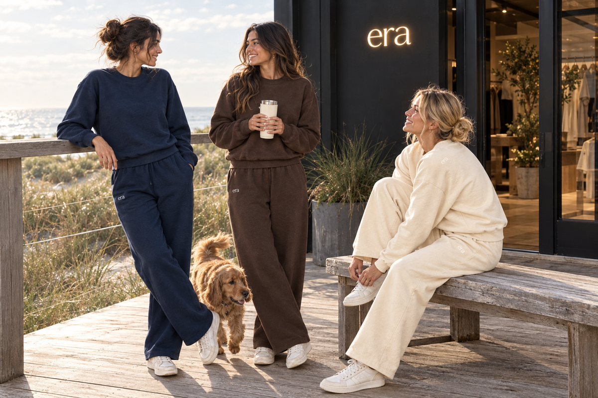 Friends in matching Navy Blue, Coffee, and Apricot crewneck sets on the Era deck