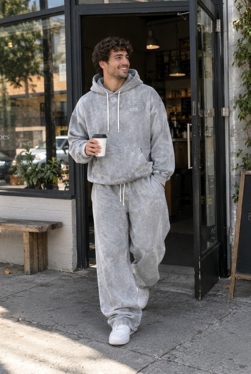 Gray Era matching set outside the café