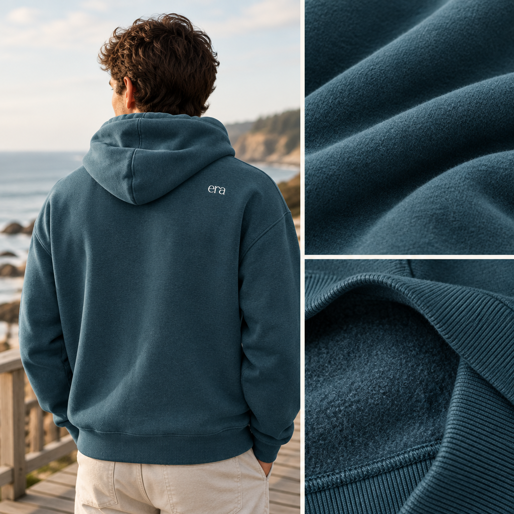 Haze Blue pullover detail board with era shoulder mark and fleece close-ups