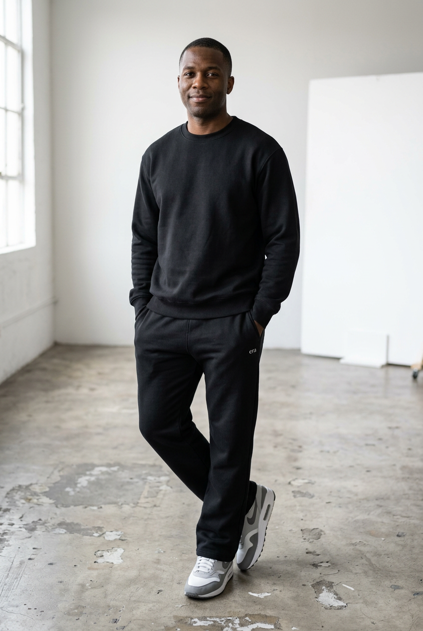 Black matching set men's studio portrait