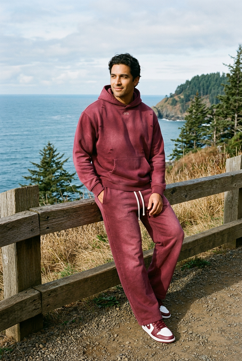 Burgundy sunfaded matching set at a coastal overlook