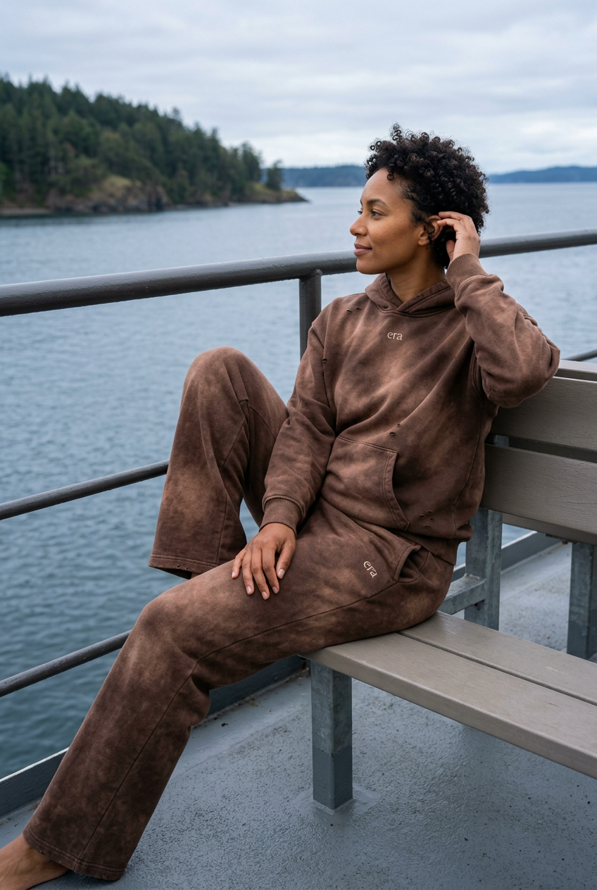 Chocolate Sunfade set, candid cool-weather coastal ferry moment
