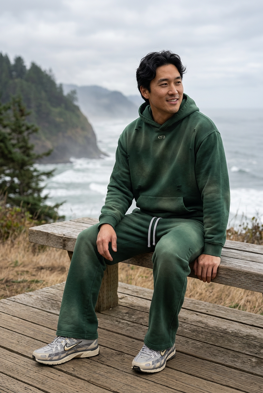 Dark Green Signature seated coastal portrait