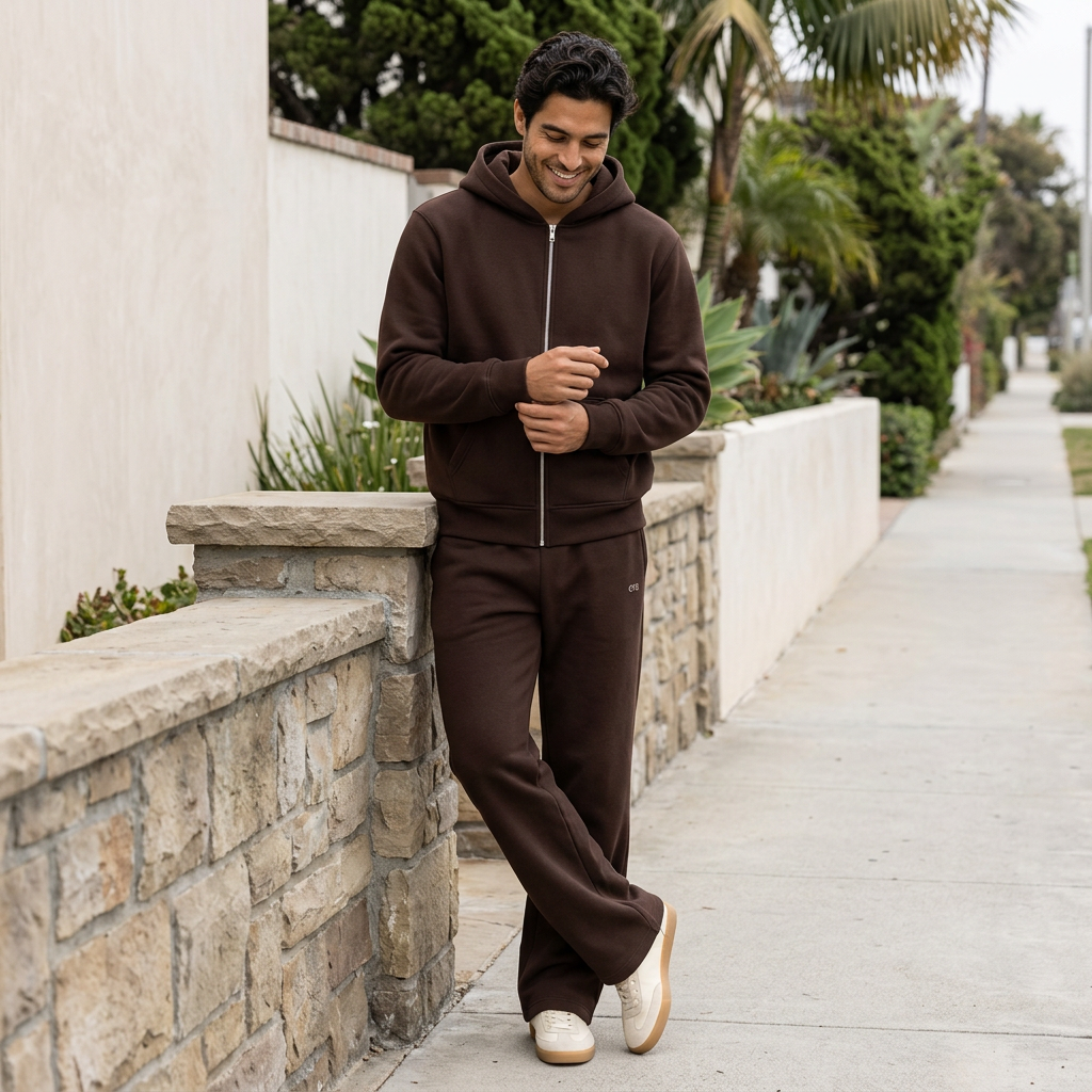 Male model in Coffee matching set outdoors