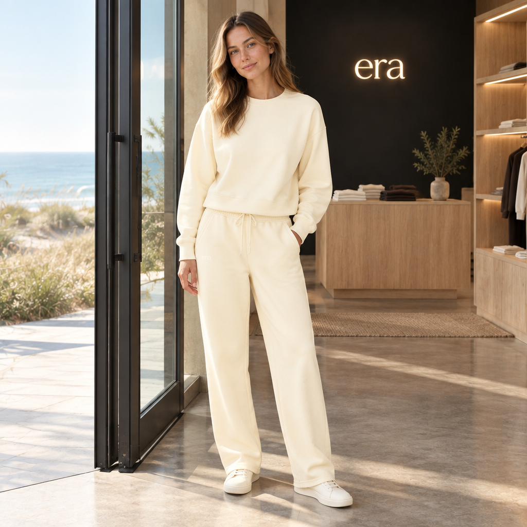 Solo female model in the matching Apricot crewneck and sweatpants set