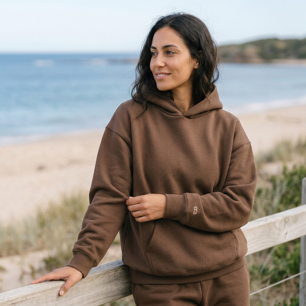 Square brown hoodie coastal editorial image
